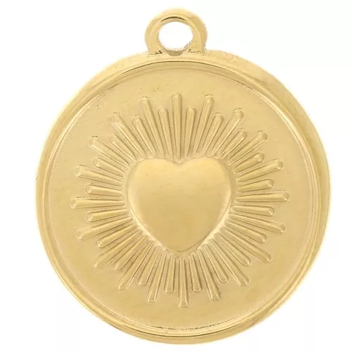 Colgante redondo de 18 mm - motivo de corazón - Acero inoxidable 304 Dorado x1