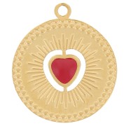 Dije redondo 13mm - motivo corazón con resina epoxi - Acero inoxidable 304 Dorado - Rojo