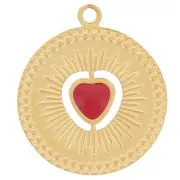 Dije redondo 13mm - motivo corazón con resina epoxi - Acero inoxidable 304 Dorado - Rojo