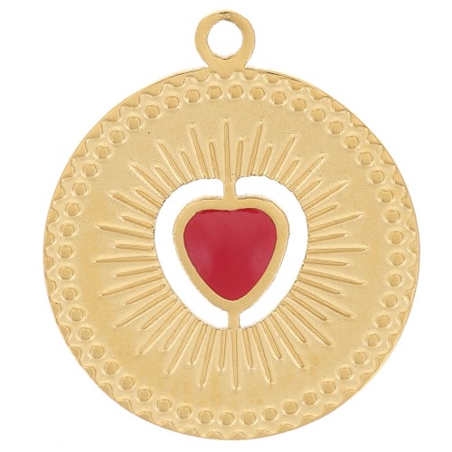 Dije redondo 13mm - motivo corazón con resina epoxi - Acero inoxidable 304 Dorado - Rojo
