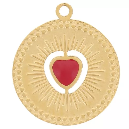 Dije redondo 13mm - motivo corazón con resina epoxi - Acero inoxidable 304 Dorado - Rojo