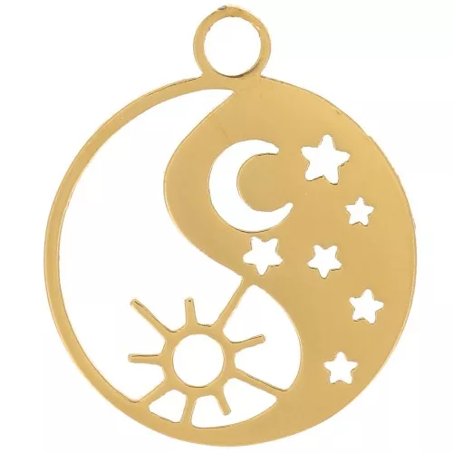 Colgante Yin y Yang redondo de 14 mm - luna y sol acero inoxidable Dorado 316L x1