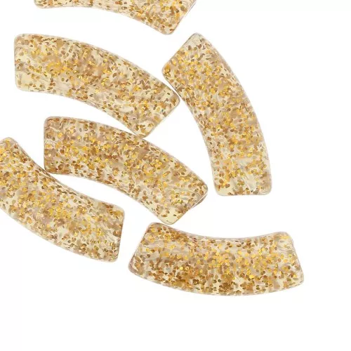 Cuentas acrílicas transparentes tubo curvo 35x11 mm - Purpurina dorada x6