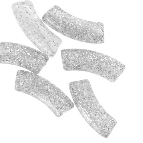 Cuentas acrílicas transparentes tubo curvo 35x11 mm - purpurina plateada x6