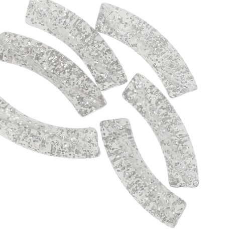 Cuentas acrílicas transparentes tubo curvo 32x8 mm - purpurina plateada x6