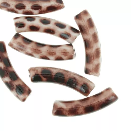 Abalorios tubulares curvados 32x8 mm en acrílico opaco - Beige leopardo - marrón oscuro x6