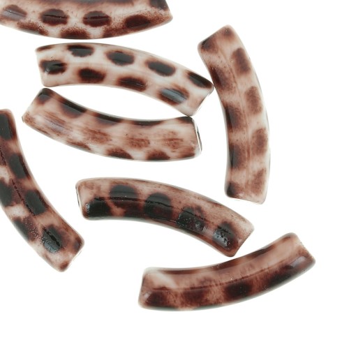 Cuentas de tubo curvadas de acrílico opaco 32x8 mm - Beige leopardo - marrón oscuro x6