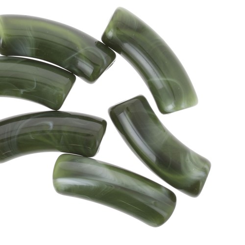 Cuentas de tubo curvadas 35x11 mm en acrílico transparente - Verde oscuro jaspeado x6