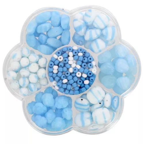 Juego de cuentas de Rocalla Preciosa con caja de flores - Aqua - Blanco x1