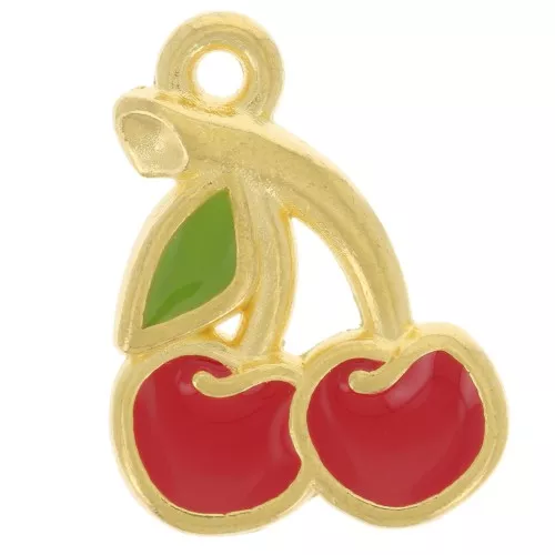 Charm de cereza 18x13 mm con resina epoxi - Dorado con oro fino - Rojo x1