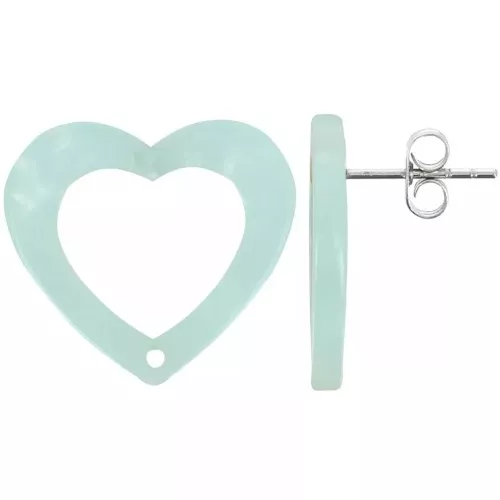 Ganchos pendientes corazón hueco acetato 19x21 mm - Carey menta perla x2