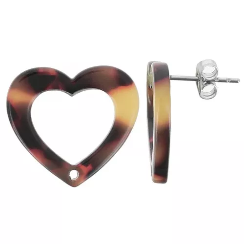 Ganchos pendientes corazón hueco 19x21 mm Acetato - Carey Marrón - Negro x2