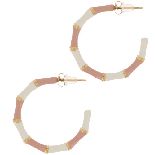 Pendientes de aro efecto bambú 30mm con resina epoxi - Acero inoxidable 316L dorado - Rosa x2