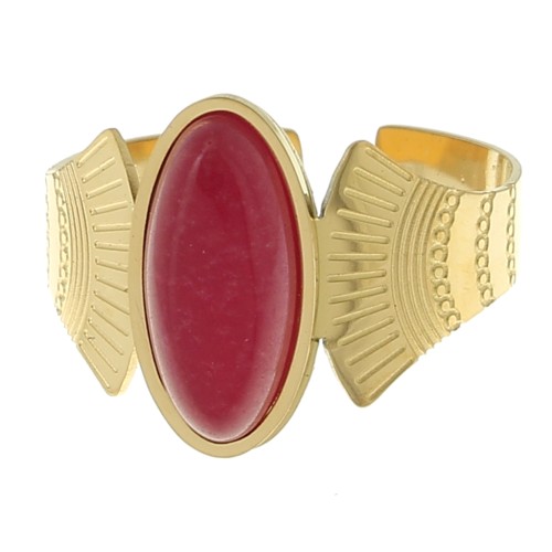 Anillo étnico - Ágata roja T52-58 - Acero inoxidable 316L dorado x1