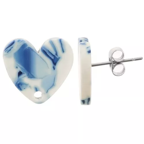 Corazón acrílico 14x15,5 mm - Azul jaspeado - Blanco x2