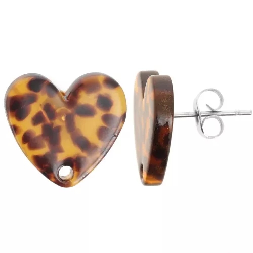 Tachuelas corazón acetato 14x15,5 mm - Marrón terrazo - Negro x2
