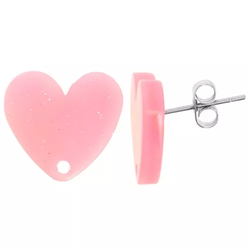 Ganchos pendientes corazón acrílico 14x15,5 mm - Rosa jaspeado purpurina x2