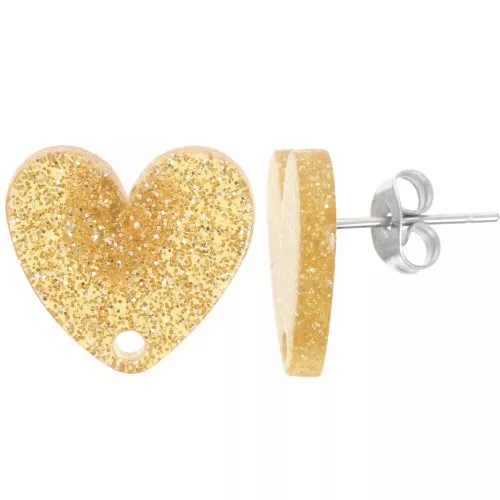 Tachuelas acrílicas corazón 14x15,5 mm - Purpurina dorada x2