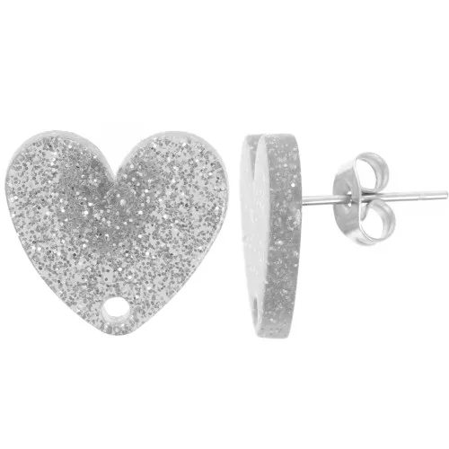 Tachuelas acrílicas corazón 14x15,5 mm - Purpurina plateada x2