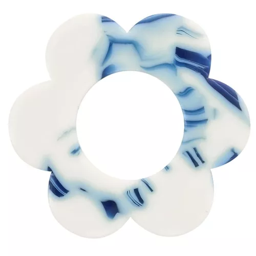 Colgante Flor Acetato 18 mm - Azul jaspeado - Blanco x1