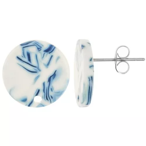 Ganchos pendientes redondos de acetato de 15 mm - Azul jaspeado - Blanco x2