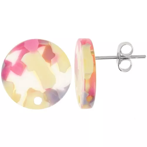 Ganchos pendientes redondos de acetato de 15 mm - Terrazzo Vainilla - Rosa Pastel x2