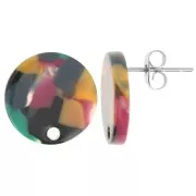 Clous d'oreilles ronds 15 mm en acétate - Ecaille de tortue Vert - Fuchsia x2
