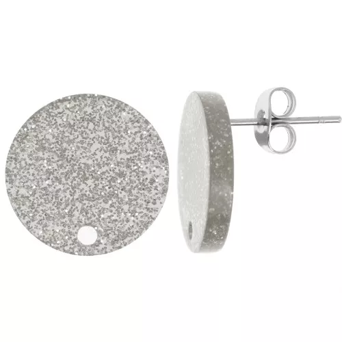 15 mm redondos acrílico Ganchos pendientes - Plateado Glitter x2