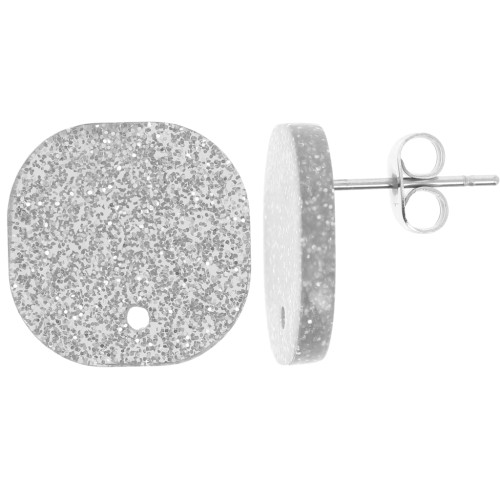 Pendientes acrílicos cuadrados redondeados 15 mm - Glitter plata x2