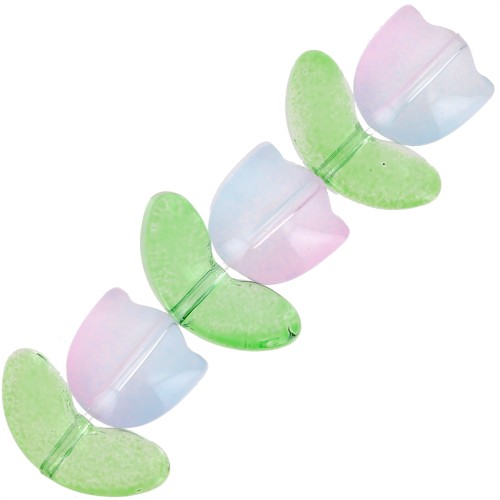 Juego de 6 cuentas de vidrio Tulipán - 14 mm - Flor rosa iridiscente - Azul
