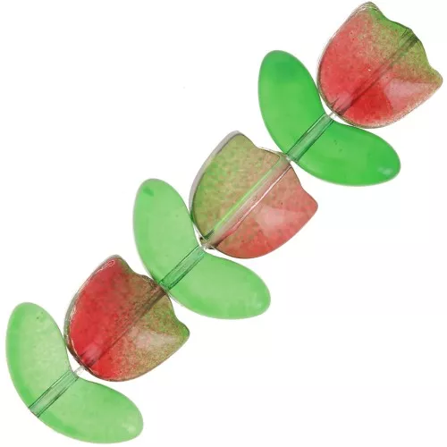 Juego de 6 cuentas de vidrio Tulipán - 14 mm - Flor roja - Verde