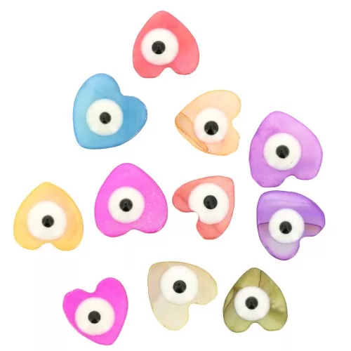 Cuentas de corazón de nácar tintado de 9 mm con motivo de ojo negro - Multicolor x10