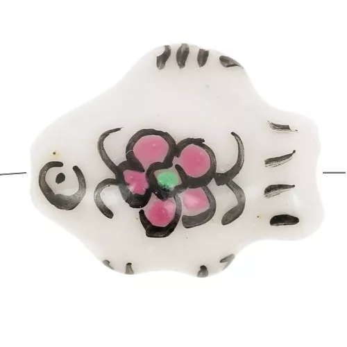 Cuenta pez de cerámica 11x15 mm diseño flor - Rosa - Blanco x1