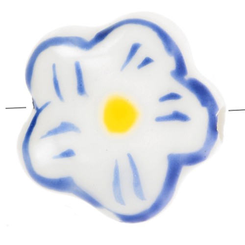 Cuenta flor de cerámica 14,5 mm - Blanco - Azul marino x1