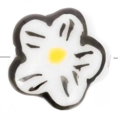 Cuenta flor de cerámica 14,5 mm - Blanca - Negra x1