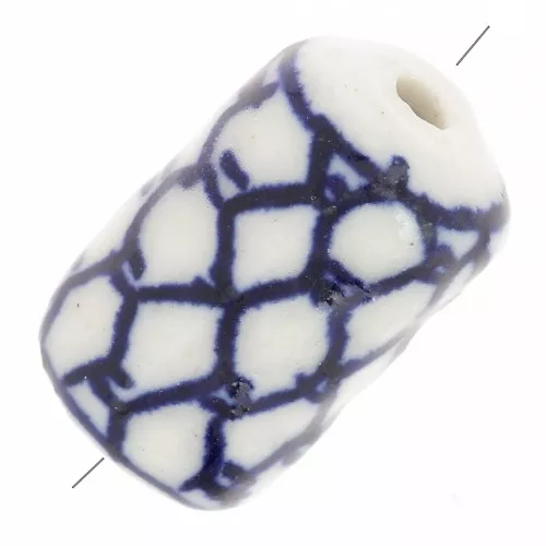 Cuenta tubular de cerámica con motivo gráfico 15x10 mm - Azul marino - Blanco x1