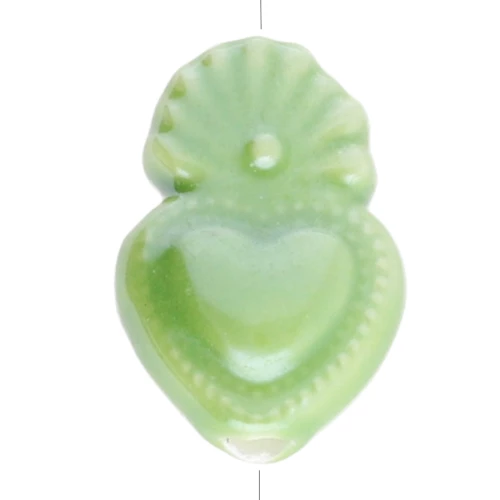 Cuenta de cerámica Ex-voto corazón mexicano 15x10.5 mm - Verde iridiscente x1