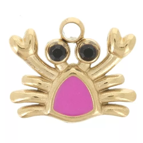 Colgante Cangrejo 8x9 mm Resina Epoxi - Acero Inoxidable Dorado 304L - Fucsia x1