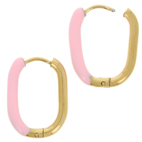 Pendientes de aro oval 21x15 mm con resina epoxi - Acero inoxidable 304L - Oro - Rosa claro x2