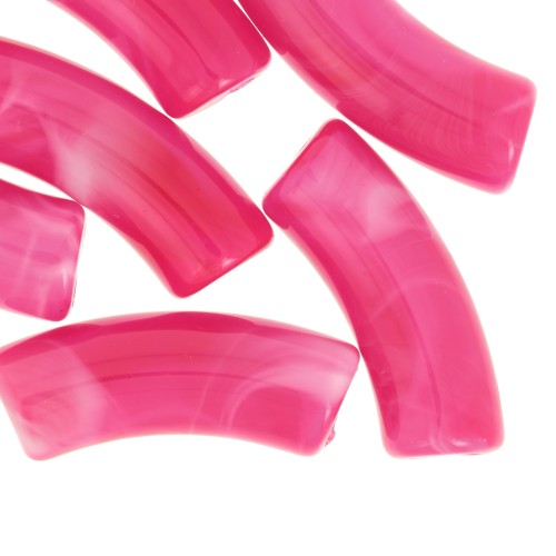 Cuentas acrílicas transparentes 35x11 mm tubo curvado - Fucsia jaspeado x6