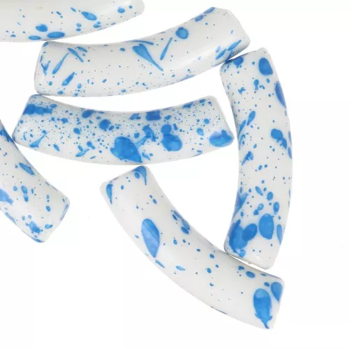Cuentas tubulares curvadas de 32x8 mm en acrílico opaco - Blanco moteado azul x6
