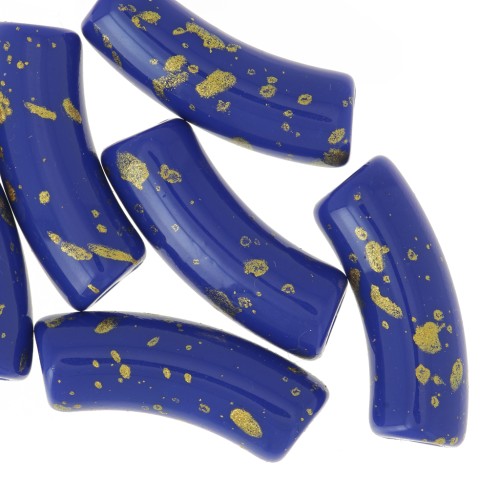 Cuentas de tubo curvado en acrílico opaco 35x11mm Azul Real Moteado Dorado x6