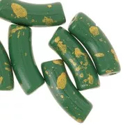 Cuentas tubo curvadas 35x11mm en acrílico opaco - Verde abeto - Oro moteado x6