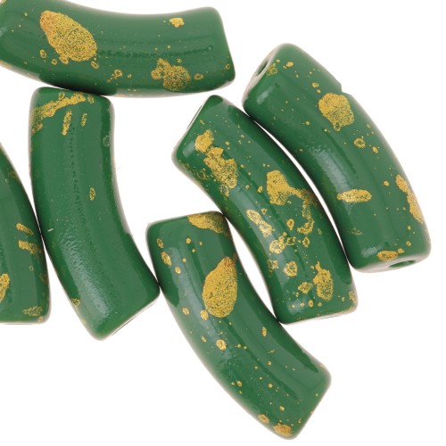 Cuentas tubo curvadas 35x11mm en acrílico opaco - Verde abeto - Oro moteado x6