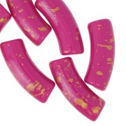 Cuentas de tubo curvado en acrílico opaco 35x11mm Fucsia Moteado Dorado x6