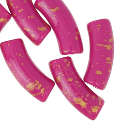 Cuentas de tubo curvado en acrílico opaco 35x11mm Fucsia Moteado Dorado x6