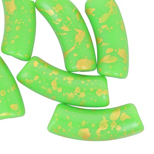 Cuentas de tubo curvado 35x11mm en acrílico opaco - Verde manzana - Oro moteado x6
