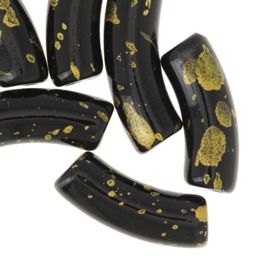 Cuentas de tubo curvadas de acrílico opaco 35x11mm Negro moteado Dorado x6