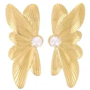 Pendientes media flor 40x16mm cabujón nacarado acero inoxidable 304L Dorado x2