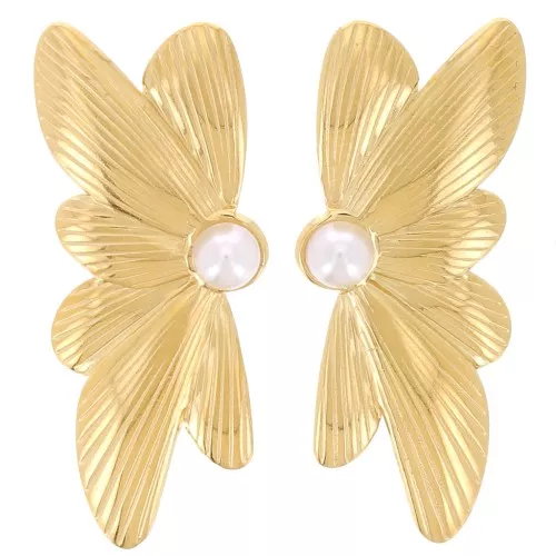 Pendientes media flor 40x16mm cabujón nacarado acero inoxidable 304L Dorado x2